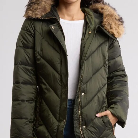 Michael Kors Faux Fur Trim Water Resistant Belted Puffer Jacket in Olive - Picture 1 of 5